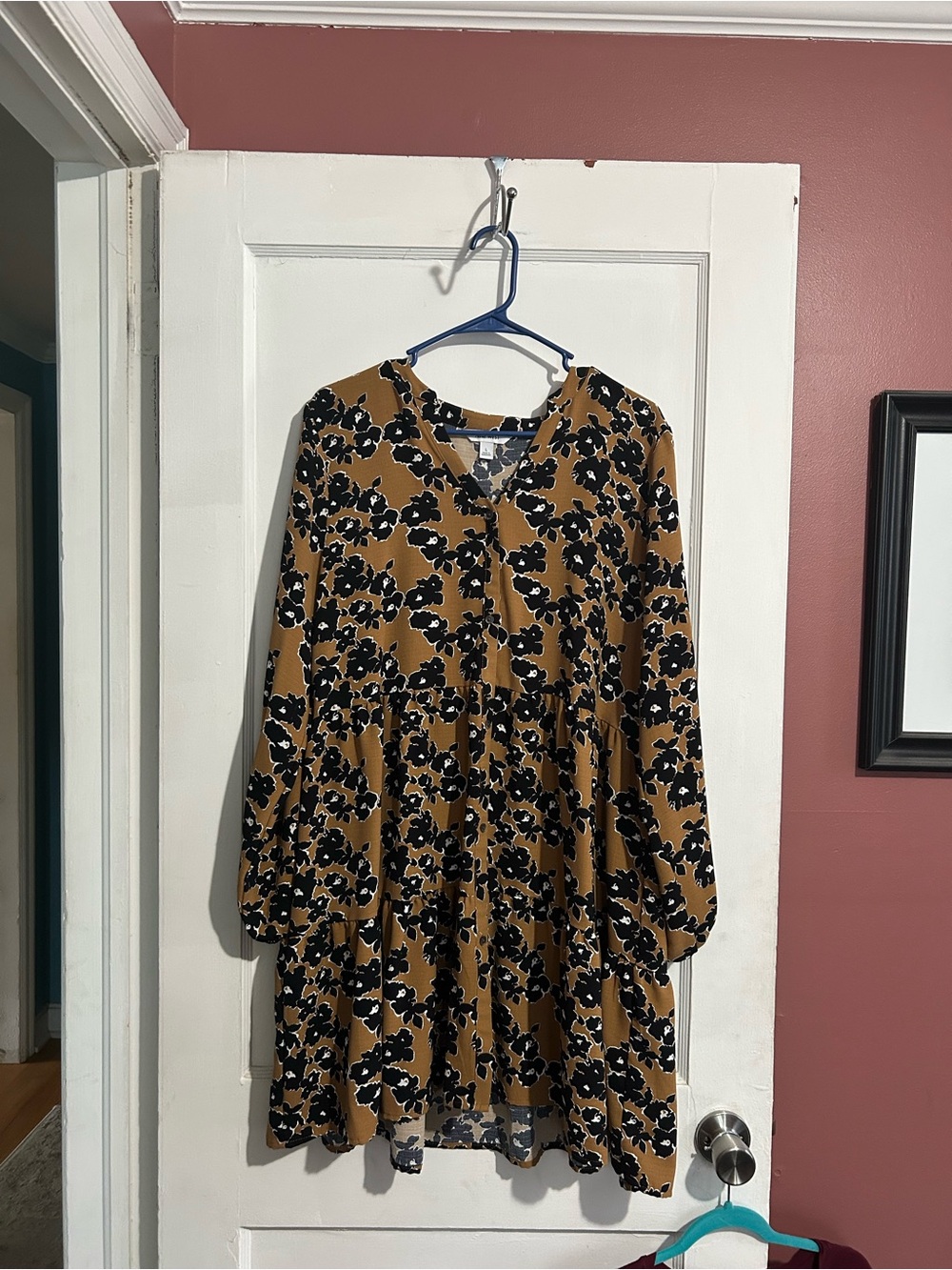 Nine West Mustard Floral Long Sleeve Dress